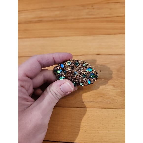 Vtg West Germany Filigree Blue Green Glass Rhinestone Brooch Gold Tone - Picture 4 of 5